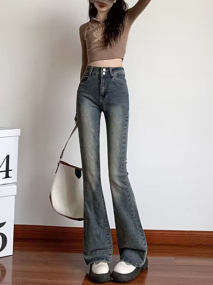 블랙 회색 넓은 다리 청바지 여성 가을 새로운 하이웨이스트 표지 넓적 다리 슬림해 보이는 루즈핏 도루 센스 바닥 청소 스트레이트 상세 이미지 1