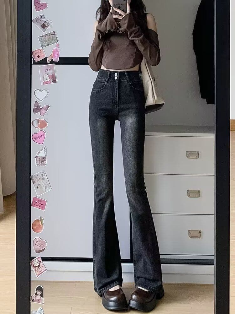 블랙 회색 넓은 다리 청바지 여성 가을 새로운 하이웨이스트 표지 넓적 다리 슬림해 보이는 루즈핏 도루 센스 바닥 청소 스트레이트 상세 이미지 3