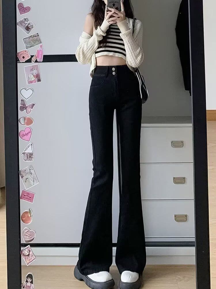 블랙 회색 넓은 다리 청바지 여성 가을 새로운 하이웨이스트 표지 넓적 다리 슬림해 보이는 루즈핏 도루 센스 바닥 청소 스트레이트 상세 이미지 4