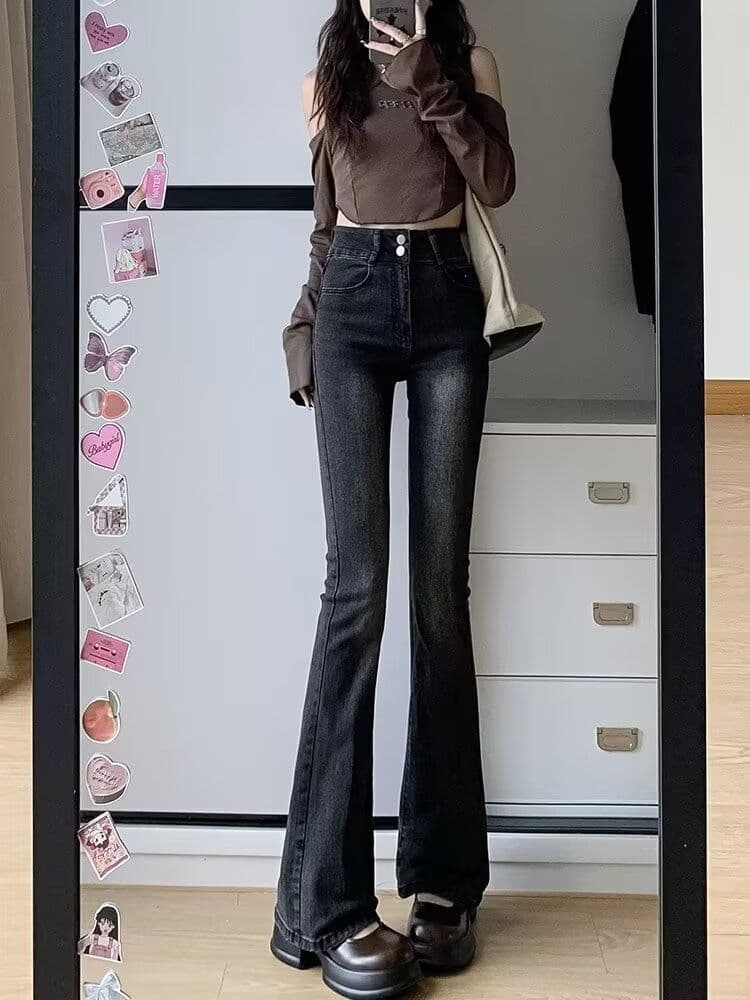 블랙 회색 넓은 다리 청바지 여성 가을 새로운 하이웨이스트 표지 넓적 다리 슬림해 보이는 루즈핏 도루 센스 바닥 청소 스트레이트 상세 이미지 5
