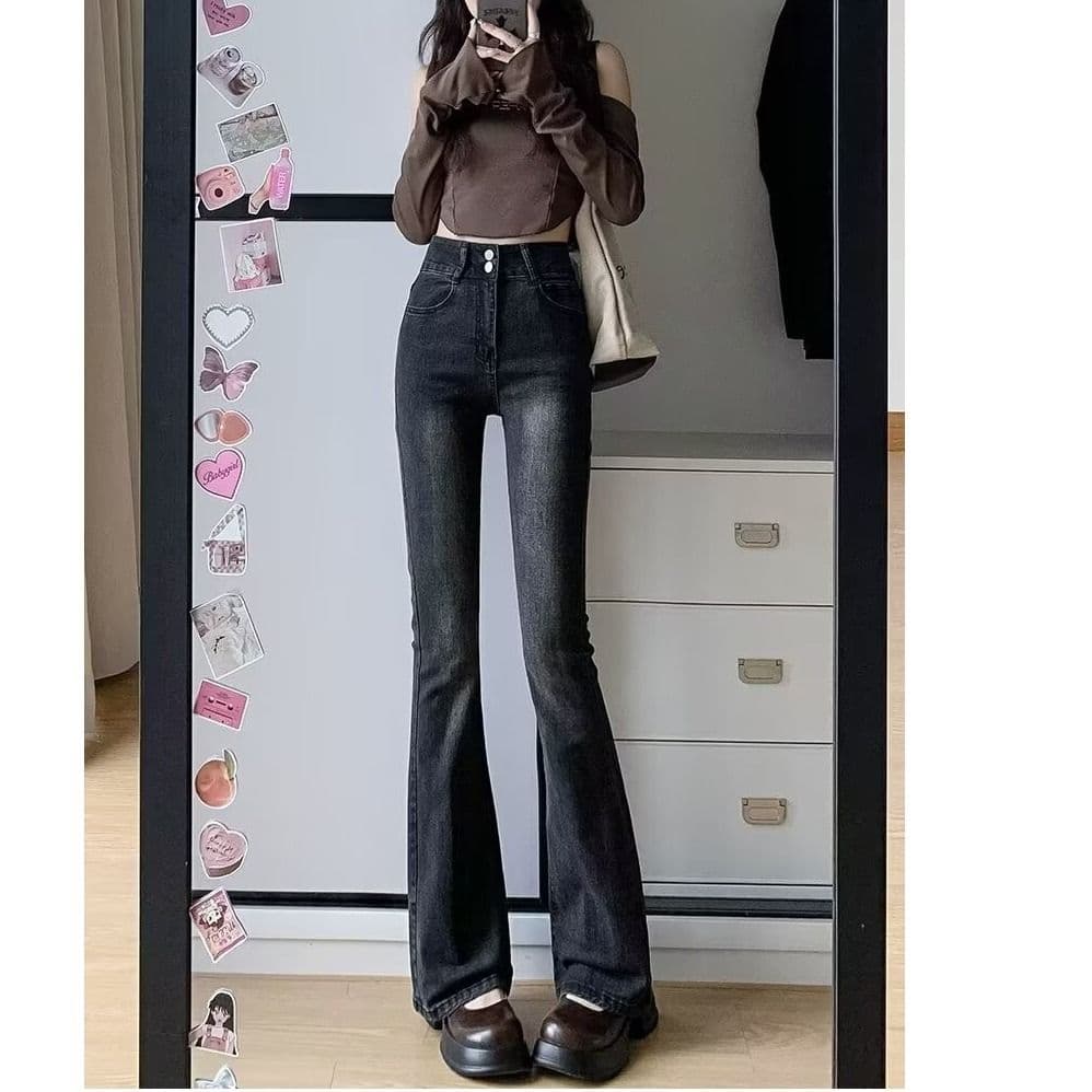 블랙 회색 넓은 다리 청바지 여성 가을 새로운 하이웨이스트 표지 넓적 다리 슬림해 보이는 루즈핏 도루 센스 바닥 청소 스트레이트 상세 이미지 22