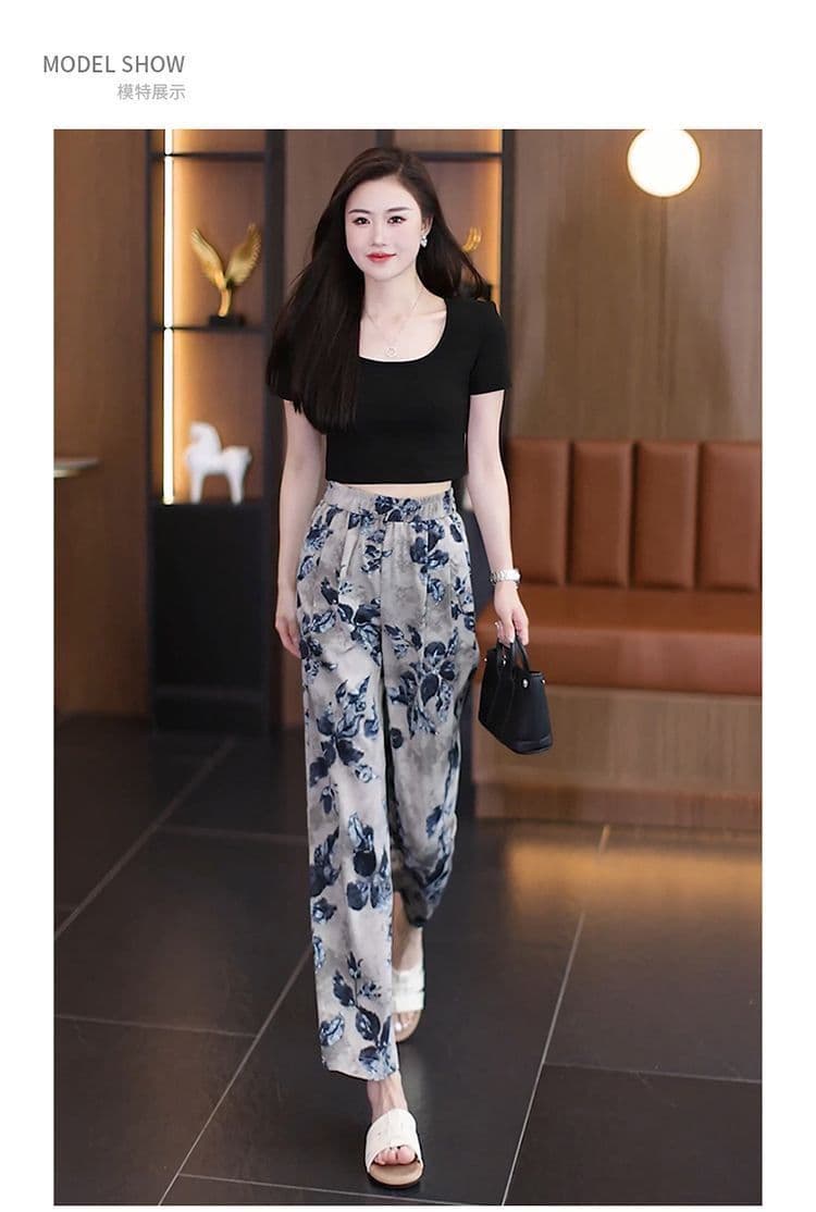 있음 선적 얼음 실크 프린트 와이드 레깅스 바지 여름 얇은 스타일 새로운 허리밴드 루즈핏 9 포인트 캐주얼 스트레이트 바지 상세 이미지 7