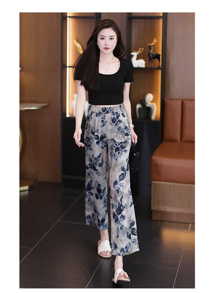 있음 선적 얼음 실크 프린트 와이드 레깅스 바지 여름 얇은 스타일 새로운 허리밴드 루즈핏 9 포인트 캐주얼 스트레이트 바지 상세 이미지 9
