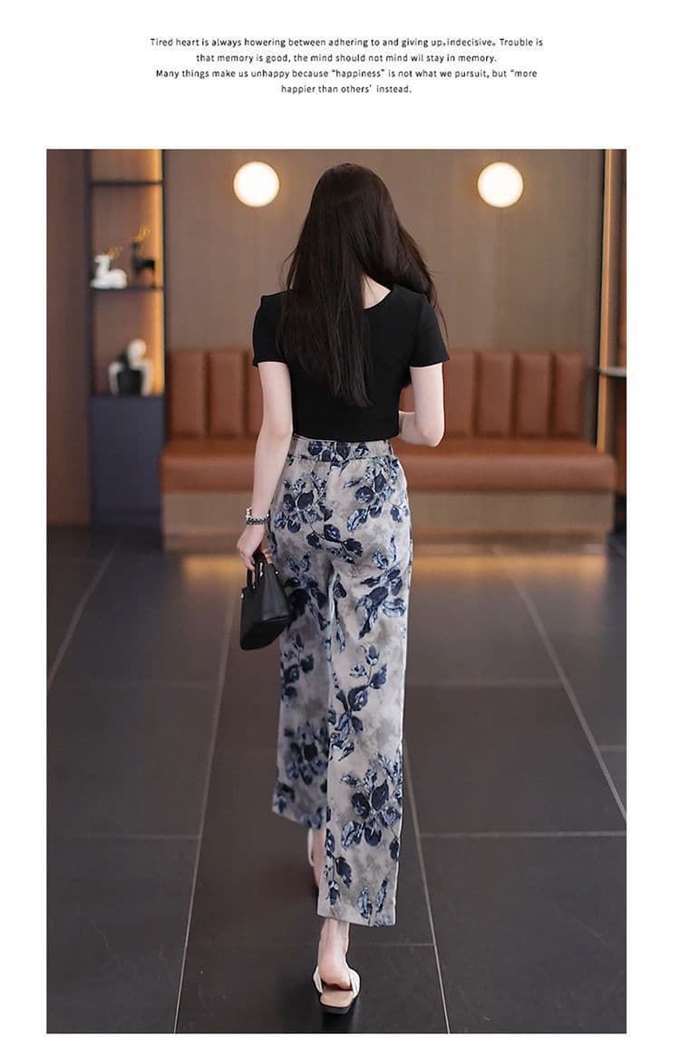 있음 선적 얼음 실크 프린트 와이드 레깅스 바지 여름 얇은 스타일 새로운 허리밴드 루즈핏 9 포인트 캐주얼 스트레이트 바지 상세 이미지 10
