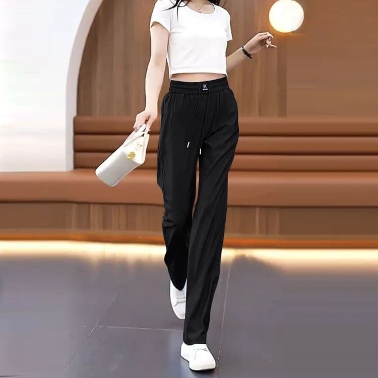 있음 선적 여름 얼음 실크 와이드 레깅스 바지 얇은 스타일 루즈핏 도루 센스 패션 캐주얼 하이웨이스트 슬림해 보이는 스트레이트 바지 이미지 2
