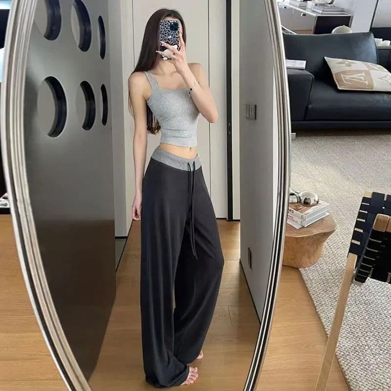 있음 선적 배색 허리 머리 패치워크 운동 캐주얼 바지 여성 여름 새로운 하이웨이스트 도루 센스 루즈핏 바닥 청소 긴 바지 이미지 2