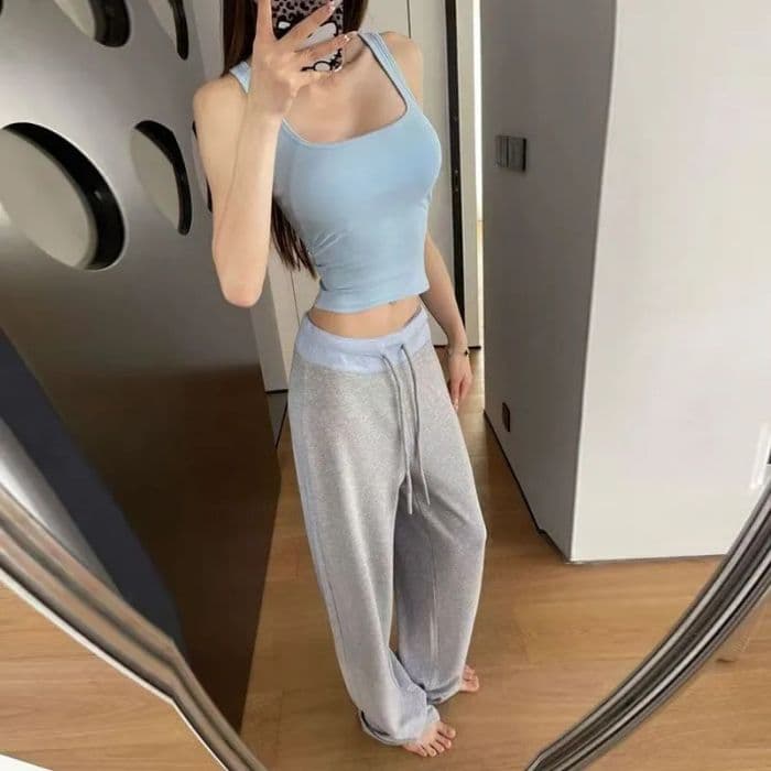 있음 선적 배색 허리 머리 패치워크 운동 캐주얼 바지 여성 여름 새로운 하이웨이스트 도루 센스 루즈핏 바닥 청소 긴 바지 상세 이미지 13