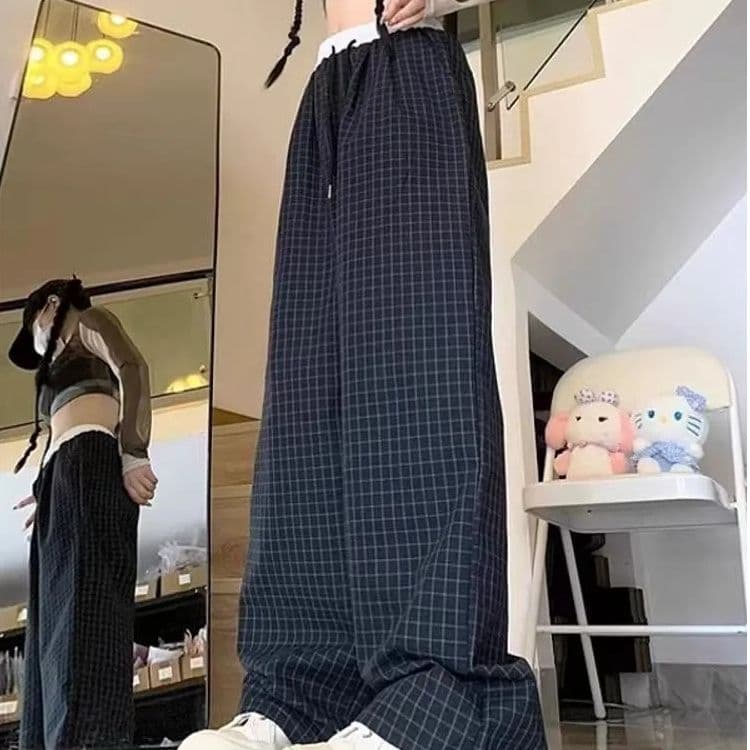 있음 선적 레트로 체크무늬 캐주얼 바지 여성 여름 새로운 얇은 스타일 개성 하이웨이스트 루즈핏 스트레이트 와이드 레그 팬츠 트렌디 이미지 3