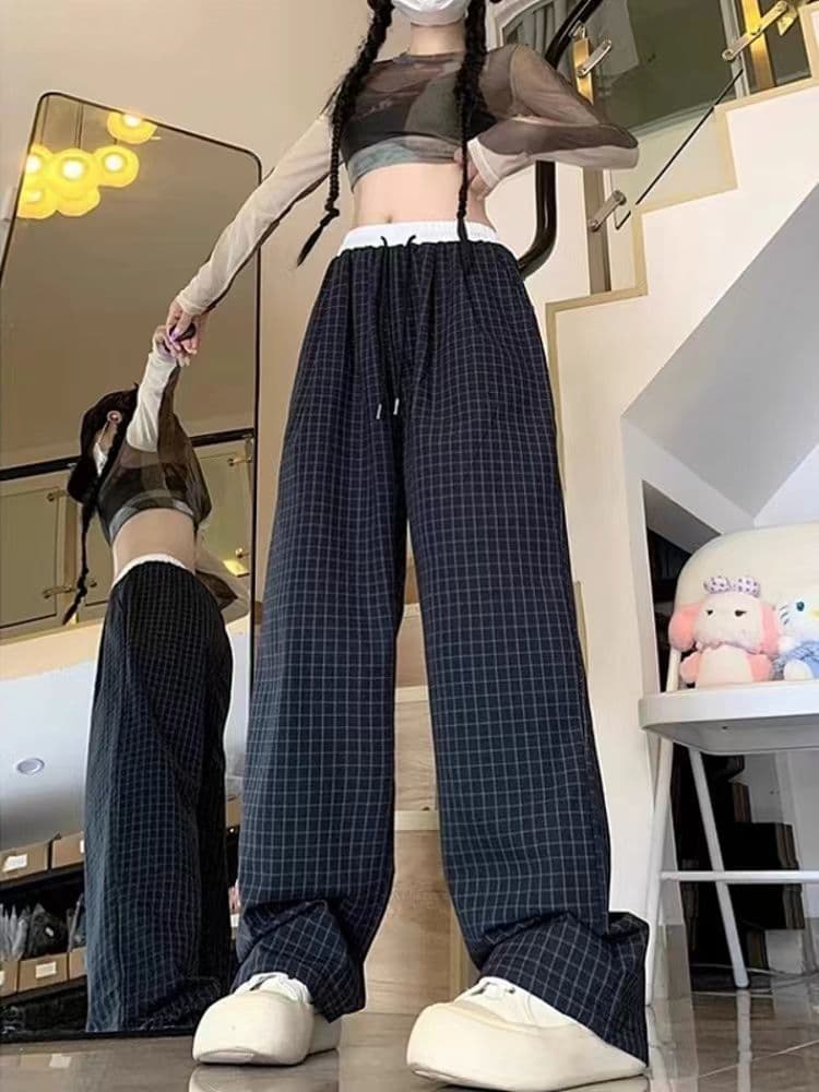 있음 선적 레트로 체크무늬 캐주얼 바지 여성 여름 새로운 얇은 스타일 개성 하이웨이스트 루즈핏 스트레이트 와이드 레그 팬츠 트렌디 상세 이미지 9