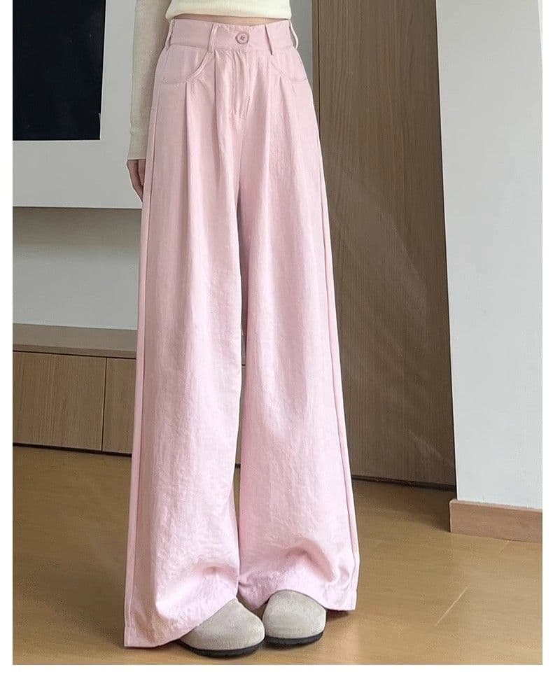 있음 선적 원본 테두리 우유 푸 정장 바지 여성 새로운 하이웨이스트 슬림해 보이는 캐주얼 루즈핏 얼음 실크 도루 센스 와이드 레그 팬츠 이미지 2