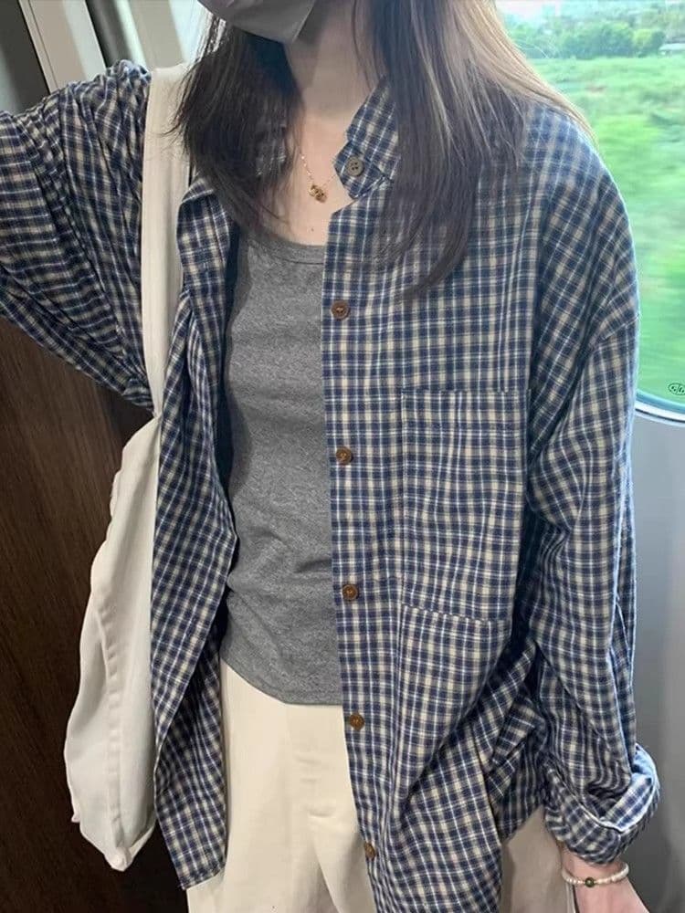 있음 선적 파란색 체크무늬 자외선 차단 셔츠 여성 코트 가을 셔츠 재킷 루즈핏 느긋한 긴팔 맨위 이미지 4