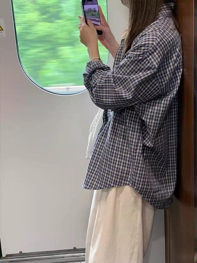 있음 선적 파란색 체크무늬 자외선 차단 셔츠 여성 코트 가을 셔츠 재킷 루즈핏 느긋한 긴팔 맨위 상세 이미지 3