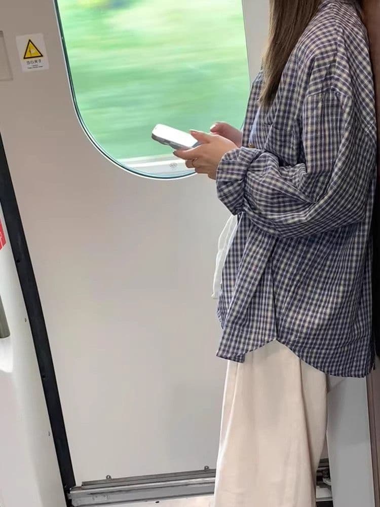 있음 선적 파란색 체크무늬 자외선 차단 셔츠 여성 코트 가을 셔츠 재킷 루즈핏 느긋한 긴팔 맨위 상세 이미지 7
