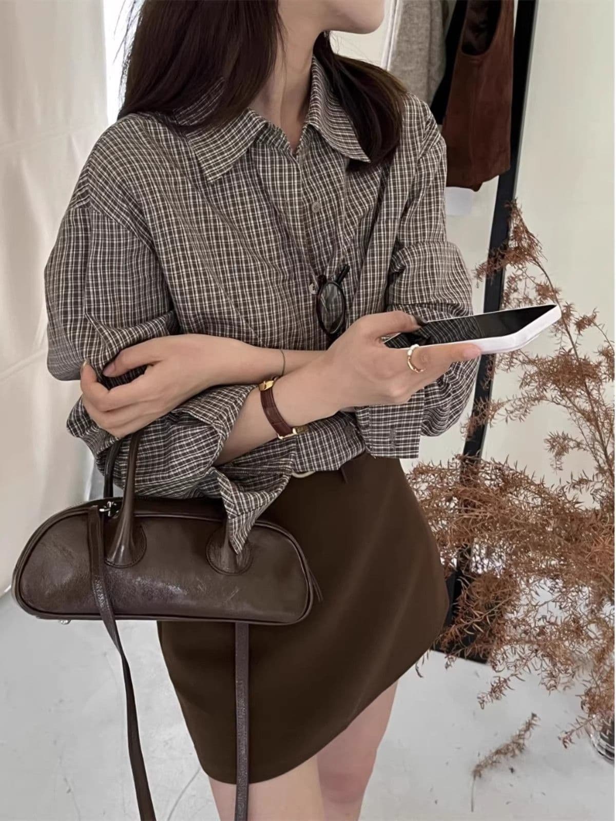 있음 선적 원본 새로운 디자인 센스 긴팔 체크무늬 셔츠 항구 바람 세련된 센스 루즈핏 POLO 칼라 맨위 여성 이미지 4