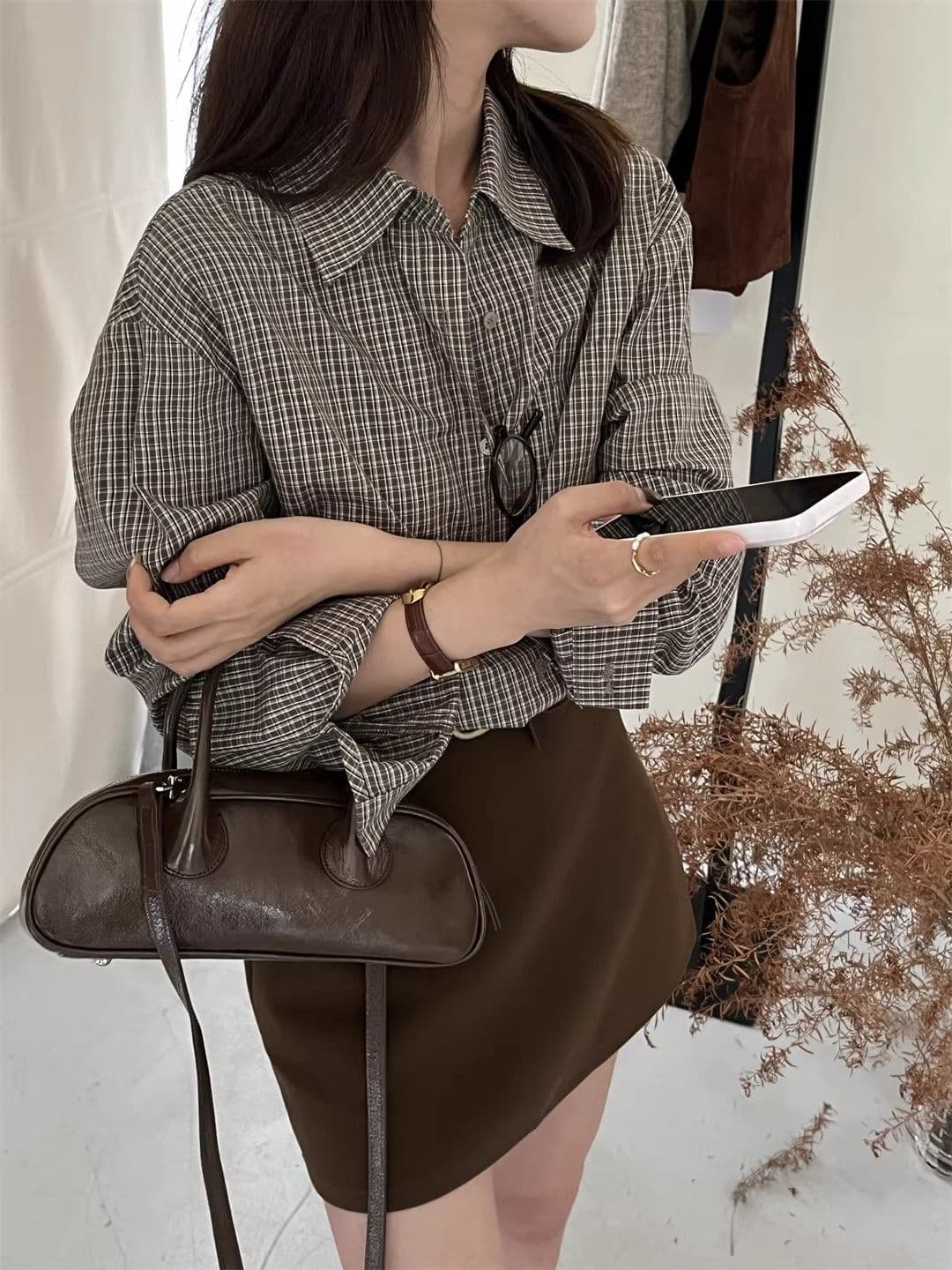 있음 선적 원본 새로운 디자인 센스 긴팔 체크무늬 셔츠 항구 바람 세련된 센스 루즈핏 POLO 칼라 맨위 여성 상세 이미지 4