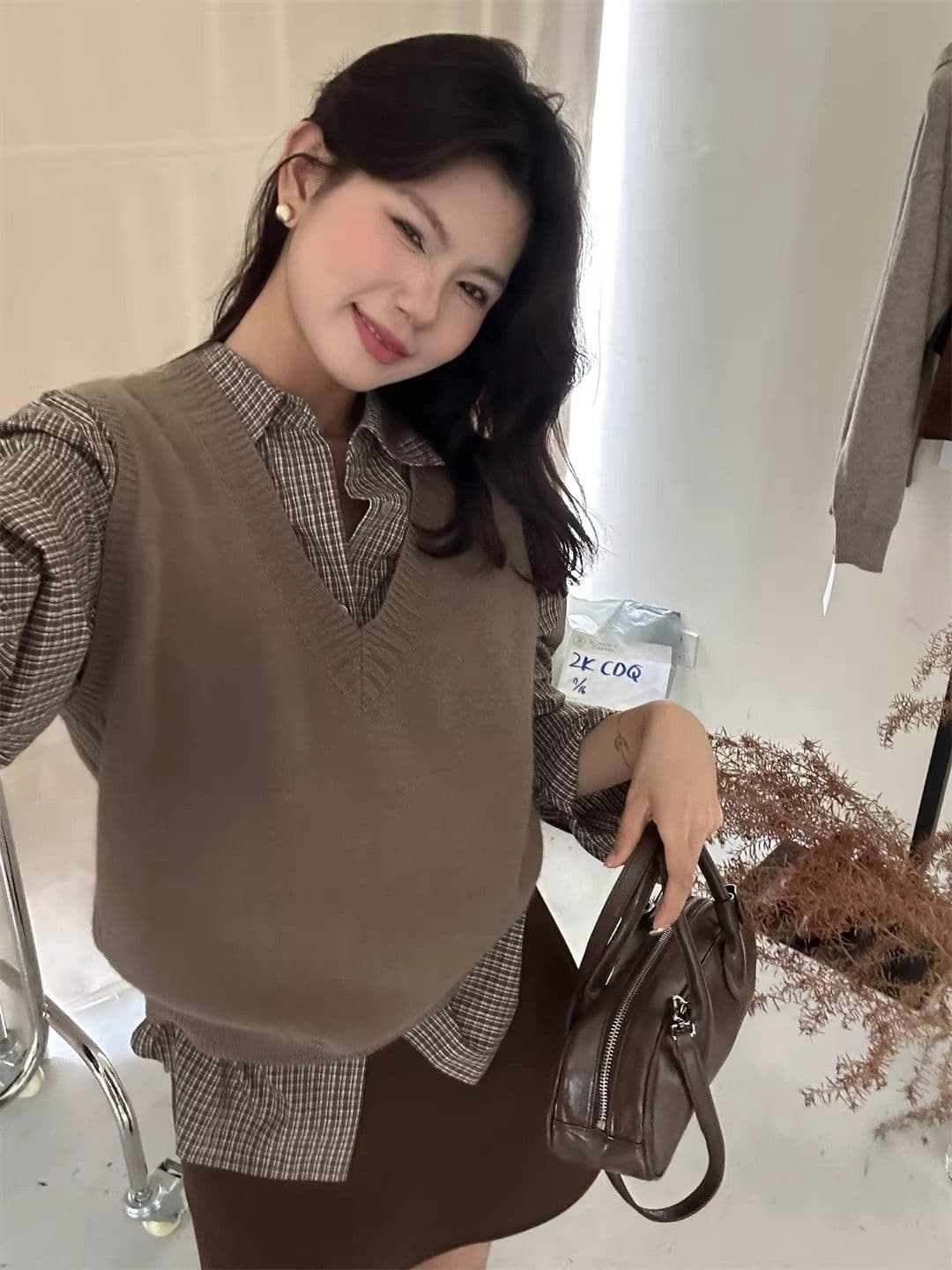 있음 선적 원본 새로운 디자인 센스 긴팔 체크무늬 셔츠 항구 바람 세련된 센스 루즈핏 POLO 칼라 맨위 여성 상세 이미지 7