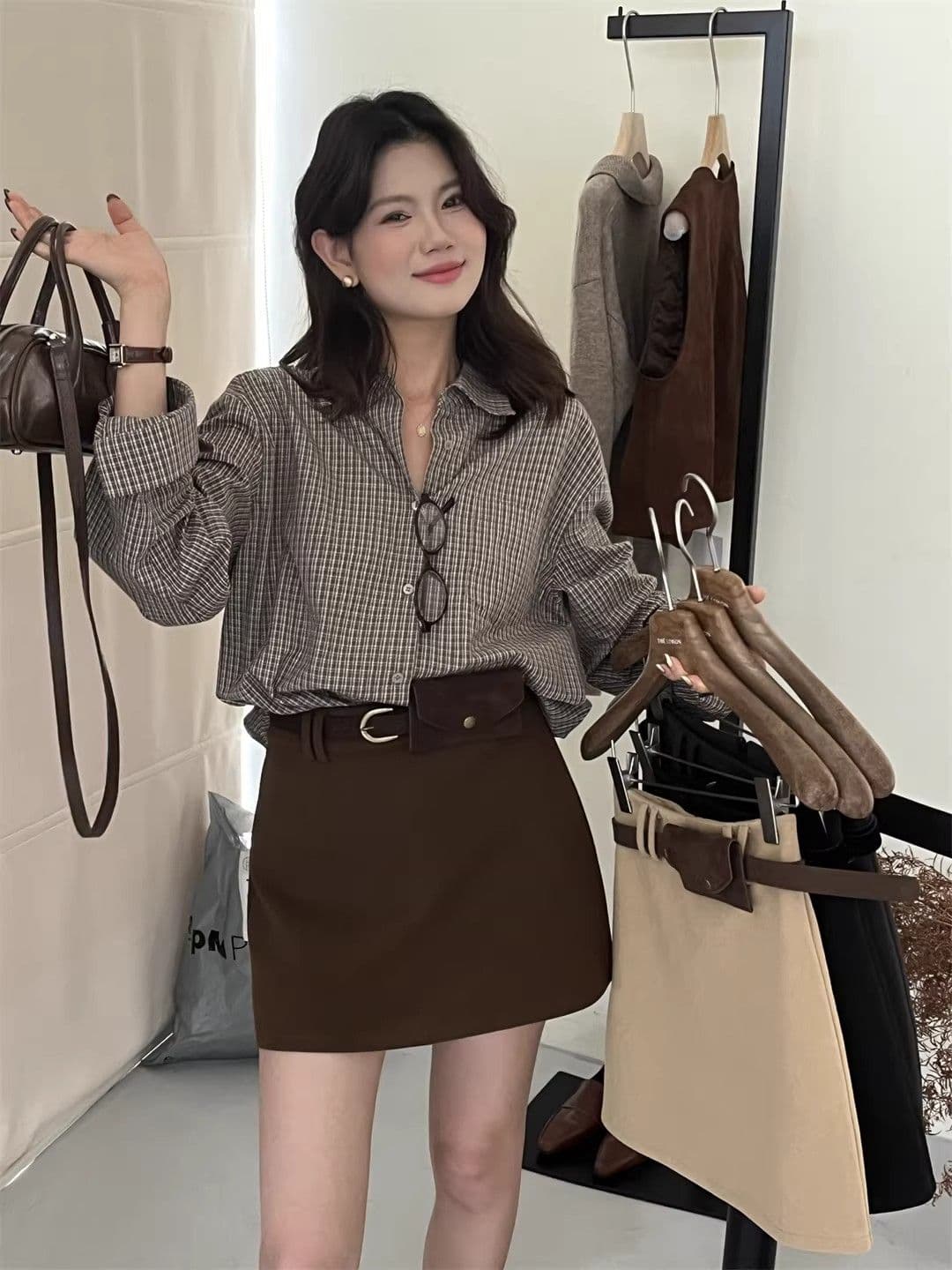 있음 선적 원본 새로운 디자인 센스 긴팔 체크무늬 셔츠 항구 바람 세련된 센스 루즈핏 POLO 칼라 맨위 여성 상세 이미지 9