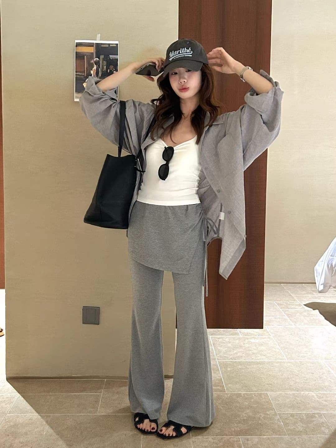 있음 선적 여름 새로운 페이크 레이어드 패치워크 랩스커트팬츠 펌프 로프 부츠컷 캐주얼 바지 여성 디자인 센스 스트레이트 슬림해 보이는 이미지 3