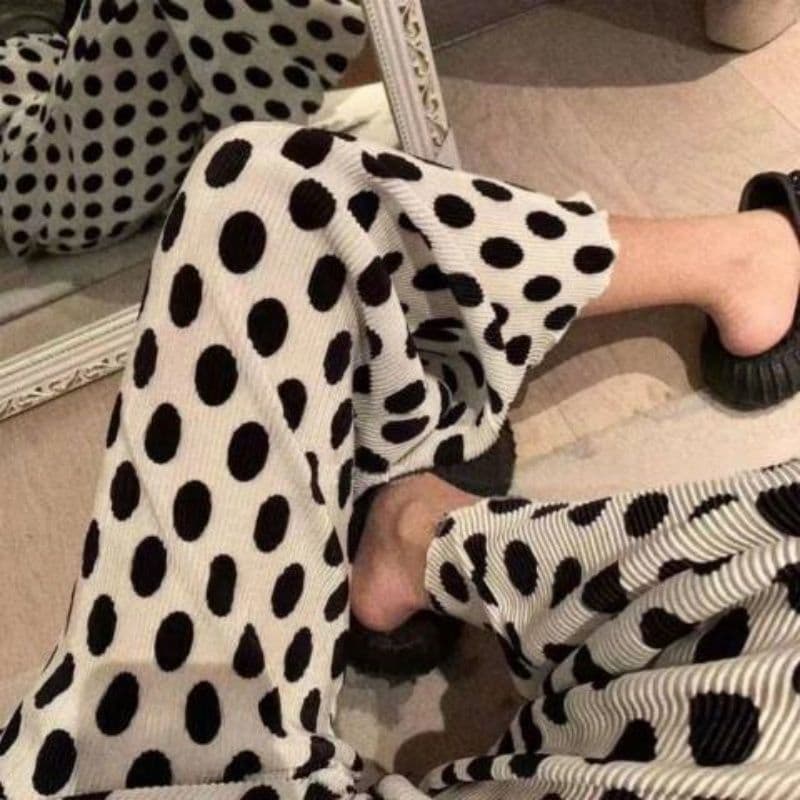 있음 선적 흑인과 백인 도트 무늬 주름 스트레이트 팬츠 아이들 여름 섹션 새로운 도트 프린트 하이웨이스트 도루 센스 와이드 레그 팬츠 상세 이미지 9
