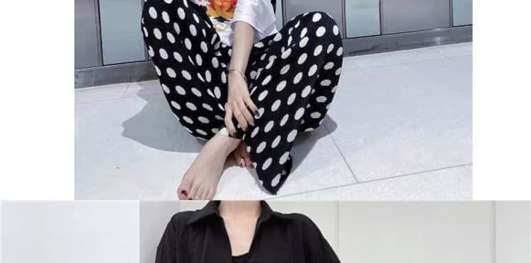 있음 선적 흑인과 백인 도트 무늬 주름 스트레이트 팬츠 아이들 여름 섹션 새로운 도트 프린트 하이웨이스트 도루 센스 와이드 레그 팬츠 상세 이미지 23