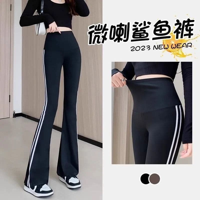 있음 선적 가을 새로운 스트라이프 슬림해 보이는 나팔 바지 부츠컷 바지 상어 바지 하이웨이스트 캐주얼 복부 수축 바지