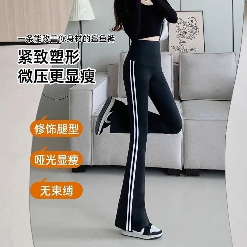 있음 선적 가을 새로운 스트라이프 슬림해 보이는 나팔 바지 부츠컷 바지 상어 바지 하이웨이스트 캐주얼 복부 수축 바지 상세 이미지 4