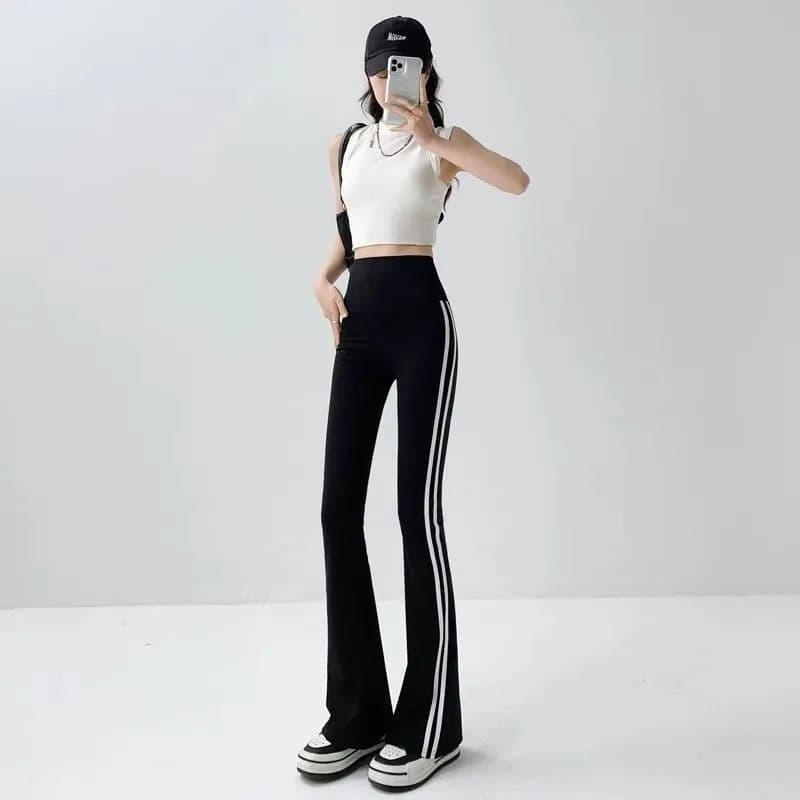있음 선적 가을 새로운 스트라이프 슬림해 보이는 나팔 바지 부츠컷 바지 상어 바지 하이웨이스트 캐주얼 복부 수축 바지 상세 이미지 6