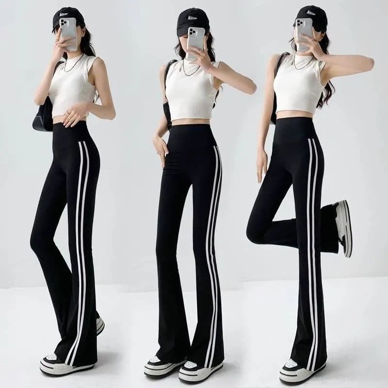 있음 선적 가을 새로운 스트라이프 슬림해 보이는 나팔 바지 부츠컷 바지 상어 바지 하이웨이스트 캐주얼 복부 수축 바지 상세 이미지 7