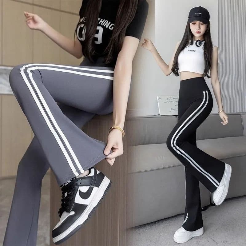 있음 선적 가을 새로운 스트라이프 슬림해 보이는 나팔 바지 부츠컷 바지 상어 바지 하이웨이스트 캐주얼 복부 수축 바지 상세 이미지 9