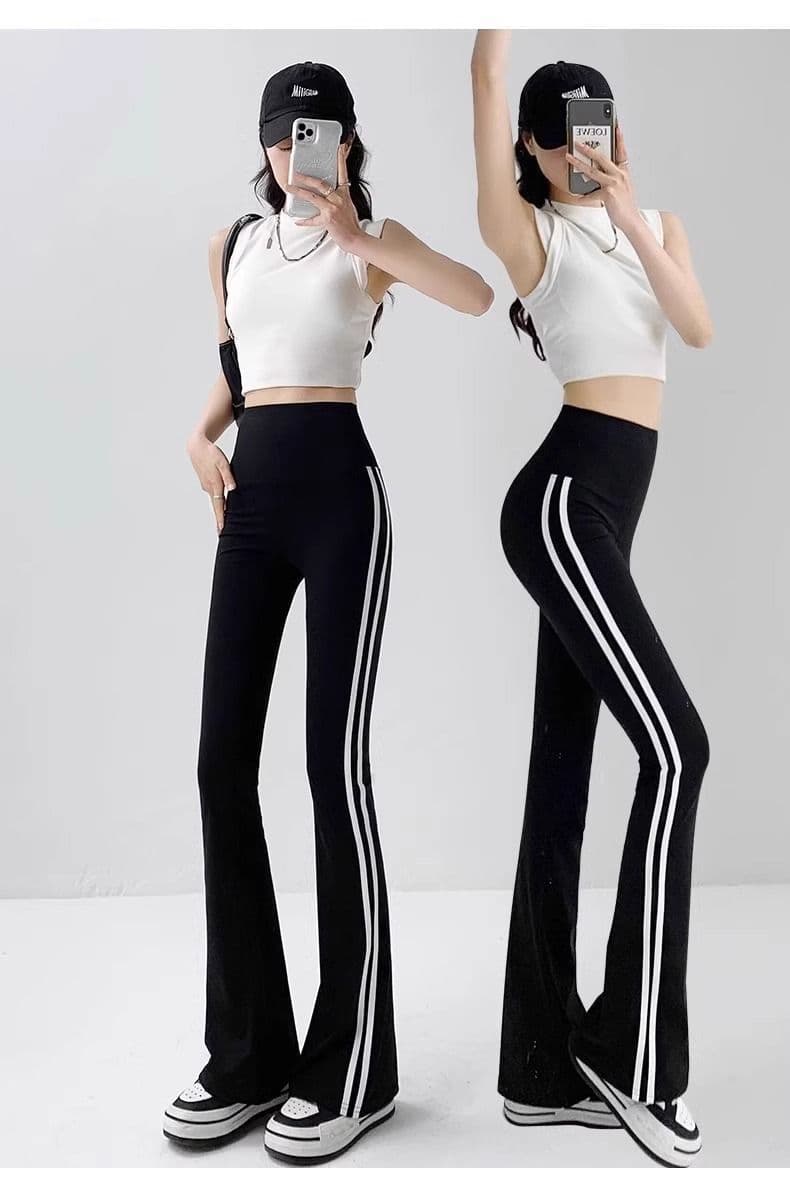 있음 선적 가을 새로운 스트라이프 슬림해 보이는 나팔 바지 부츠컷 바지 상어 바지 하이웨이스트 캐주얼 복부 수축 바지 상세 이미지 13
