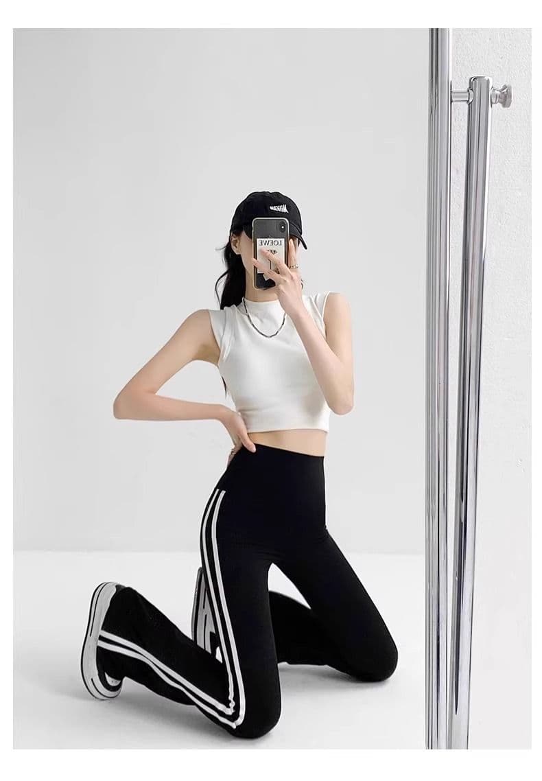 있음 선적 가을 새로운 스트라이프 슬림해 보이는 나팔 바지 부츠컷 바지 상어 바지 하이웨이스트 캐주얼 복부 수축 바지 상세 이미지 21
