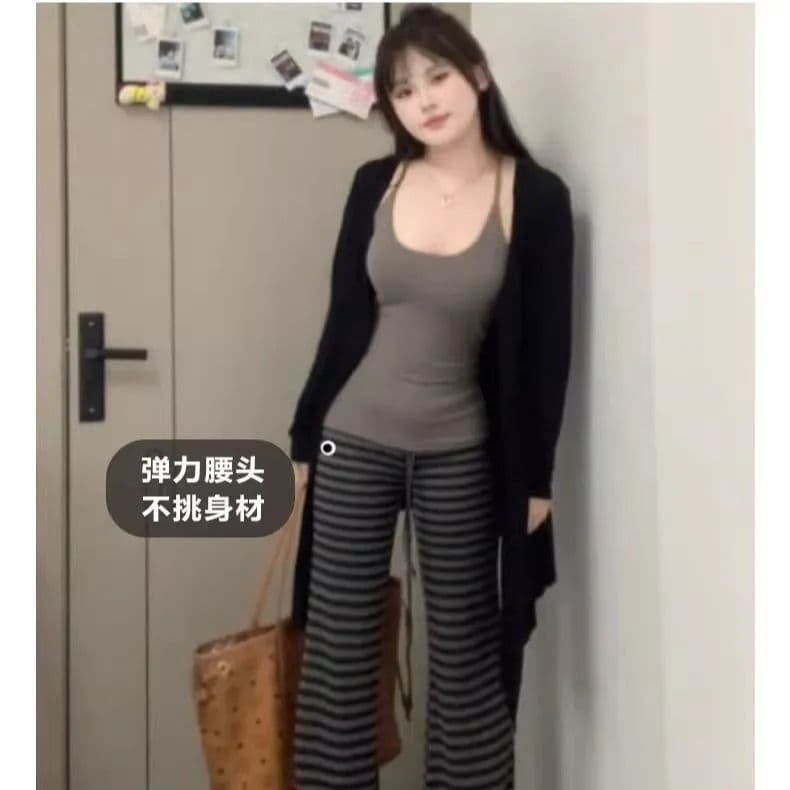있음 선적 슬림해 보이는 신축성 하이웨이스트 스트라이프 부츠컷 범프 바지 여성 레저 긴 바지 가을 새로운 한국 스타일 다용도 상세 이미지 12