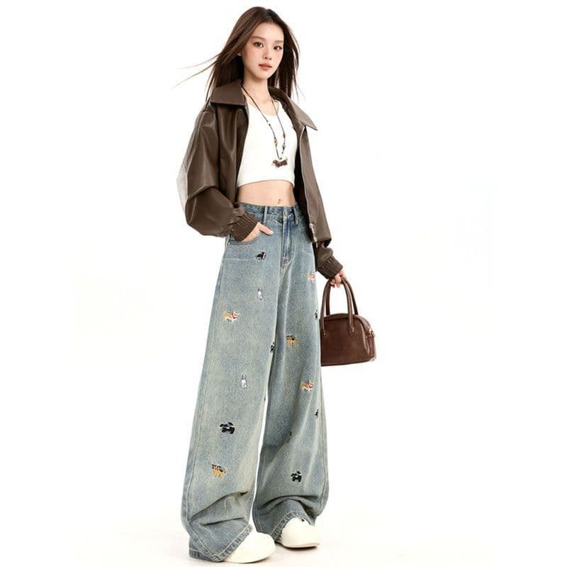 있음 선적 자수 귀여운 강아지 디자인 청바지 가을 시간 아직도 느낌 높은 품질 다용도 슬림해 보이는 바닥 청소 바지 아름다움 상세 이미지 14