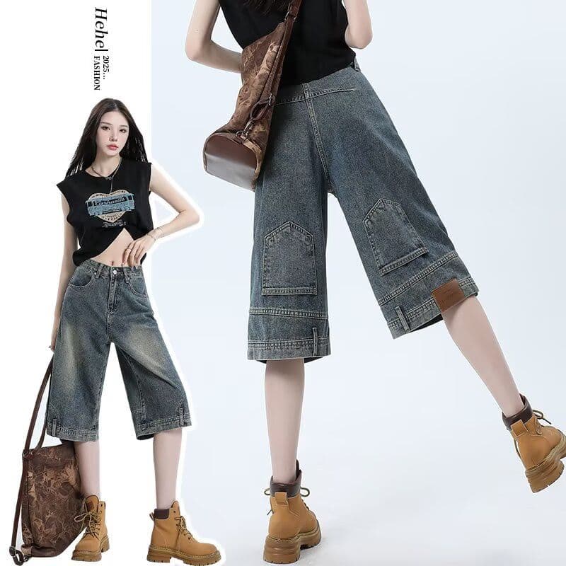 있음 선적 레트로 노스탤지어 블루 데님 6 점 와이드 레깅스 바지 여름 새로운 디자인 센스 플립 디자인 바지 이미지 3