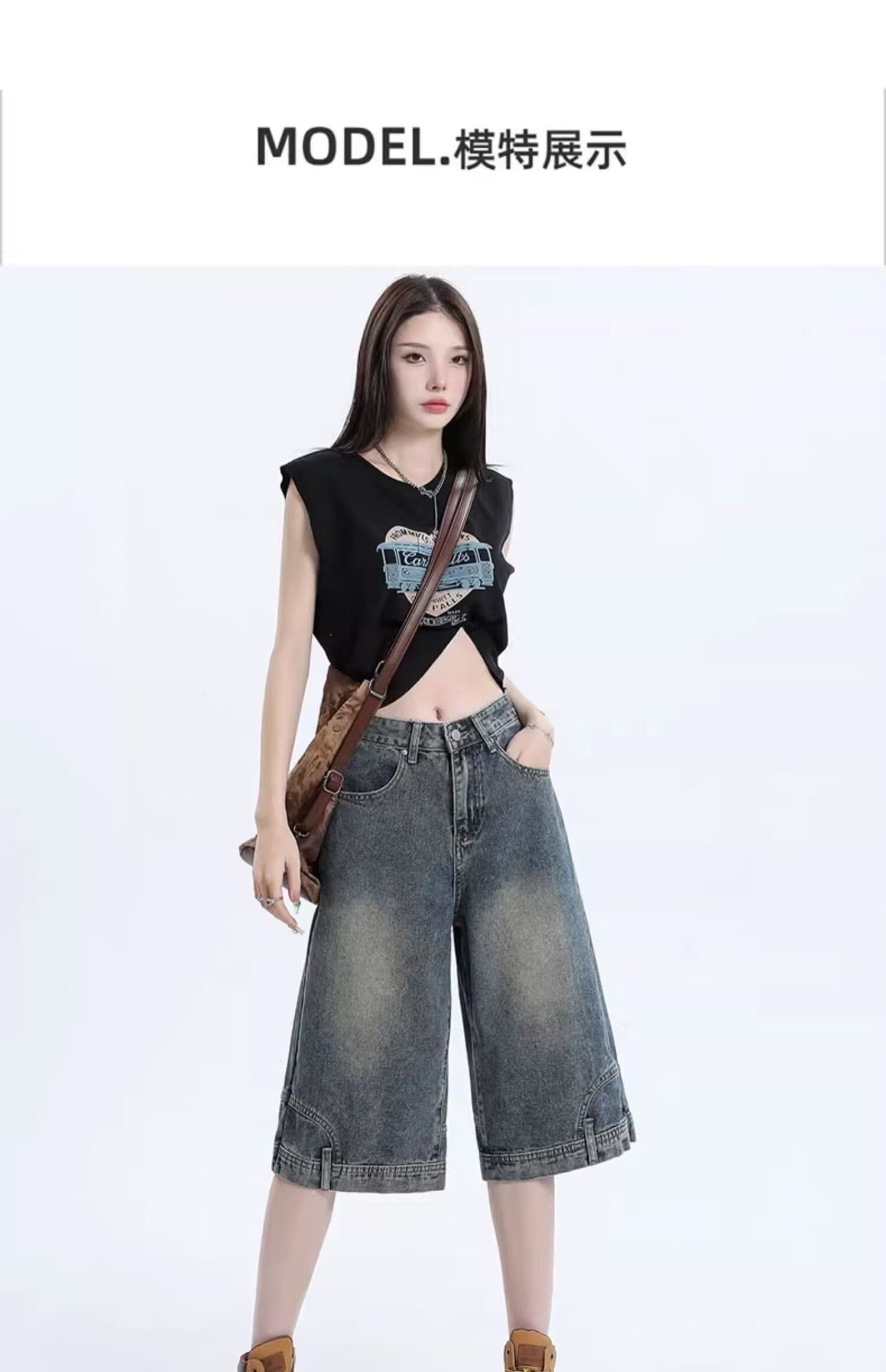 있음 선적 레트로 노스탤지어 블루 데님 6 점 와이드 레깅스 바지 여름 새로운 디자인 센스 플립 디자인 바지 상세 이미지 2