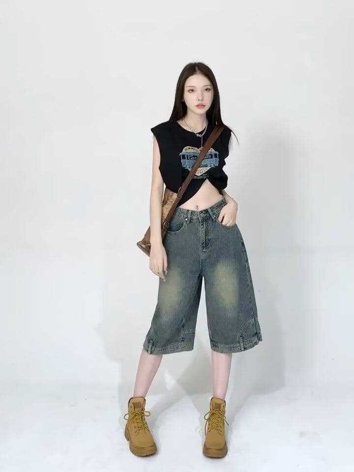 있음 선적 레트로 노스탤지어 블루 데님 6 점 와이드 레깅스 바지 여름 새로운 디자인 센스 플립 디자인 바지 상세 이미지 12