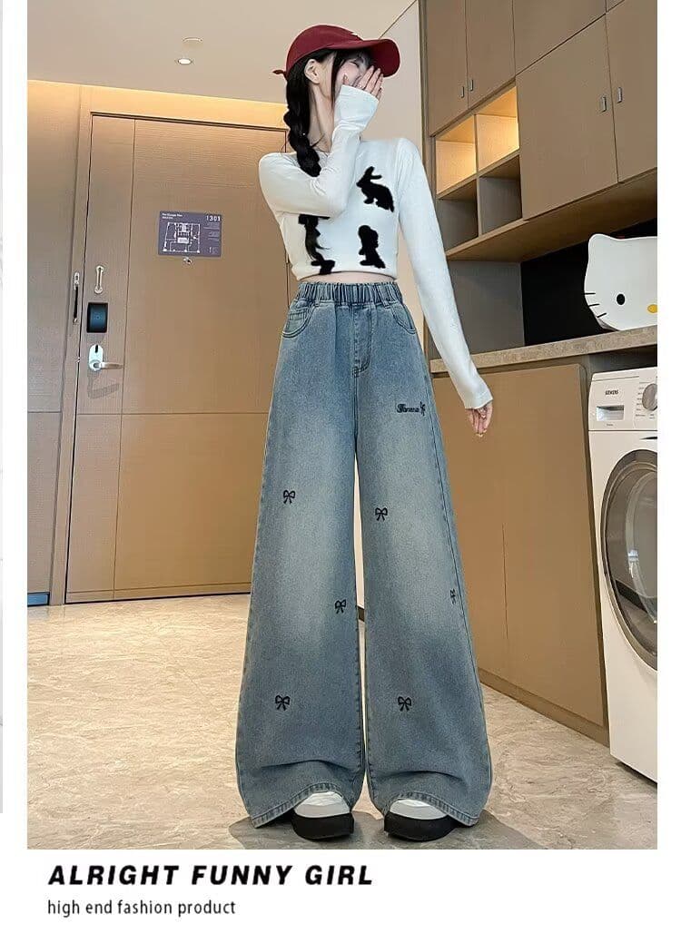 있음 선적 가을 작은 대중 디자인 센스 나비 매듭 자수 하이웨이스트 슬림해 보이는 넓은 다리 바닥 청소 청바지 긴 바지 여성 상세 이미지 14