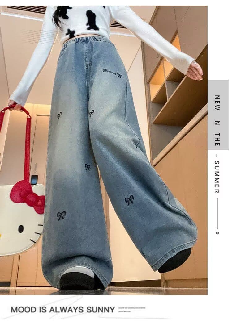 있음 선적 가을 작은 대중 디자인 센스 나비 매듭 자수 하이웨이스트 슬림해 보이는 넓은 다리 바닥 청소 청바지 긴 바지 여성 상세 이미지 15