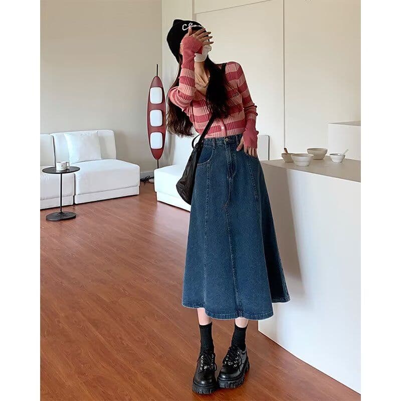 데님 스커트 디자인 센스 작은 대중 여성 중간 길이 하이웨이스트 표지 넓적 다리 큰 진자 우산 치마 가을 새로운 슬림해 보이는 한 마디 반신 스커트 이미지 2