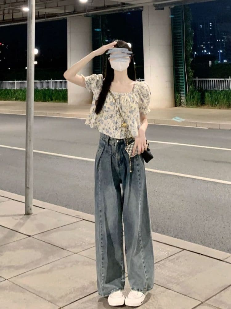 있음 선적 레트로 높음 거리 하이웨이스트 넓은 다리 청바지 여성 루즈핏 스트레이트 슬림해 보이는 느긋한 도루 센스 바닥 청소 바지 상세 이미지 2