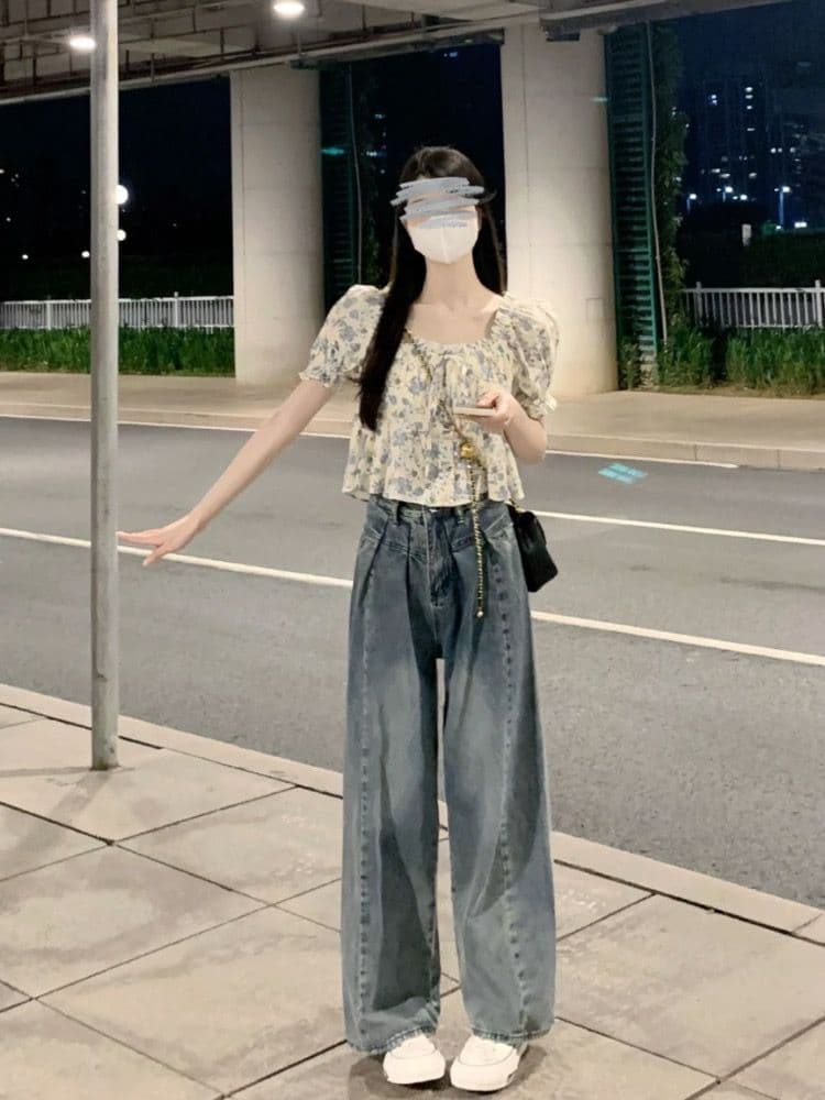 있음 선적 레트로 높음 거리 하이웨이스트 넓은 다리 청바지 여성 루즈핏 스트레이트 슬림해 보이는 느긋한 도루 센스 바닥 청소 바지 상세 이미지 4