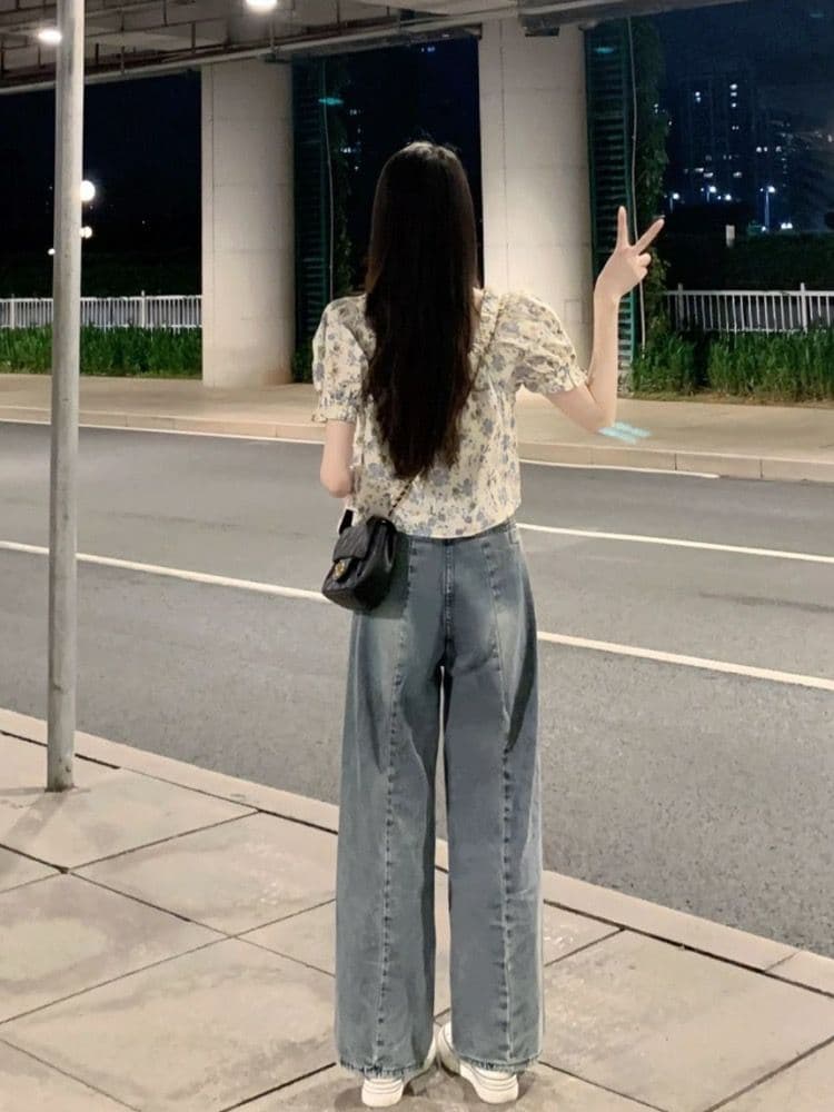 있음 선적 레트로 높음 거리 하이웨이스트 넓은 다리 청바지 여성 루즈핏 스트레이트 슬림해 보이는 느긋한 도루 센스 바닥 청소 바지 상세 이미지 5