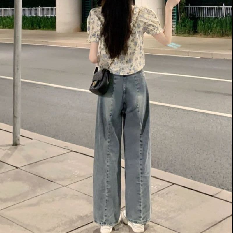 있음 선적 레트로 높음 거리 하이웨이스트 넓은 다리 청바지 여성 루즈핏 스트레이트 슬림해 보이는 느긋한 도루 센스 바닥 청소 바지 상세 이미지 10