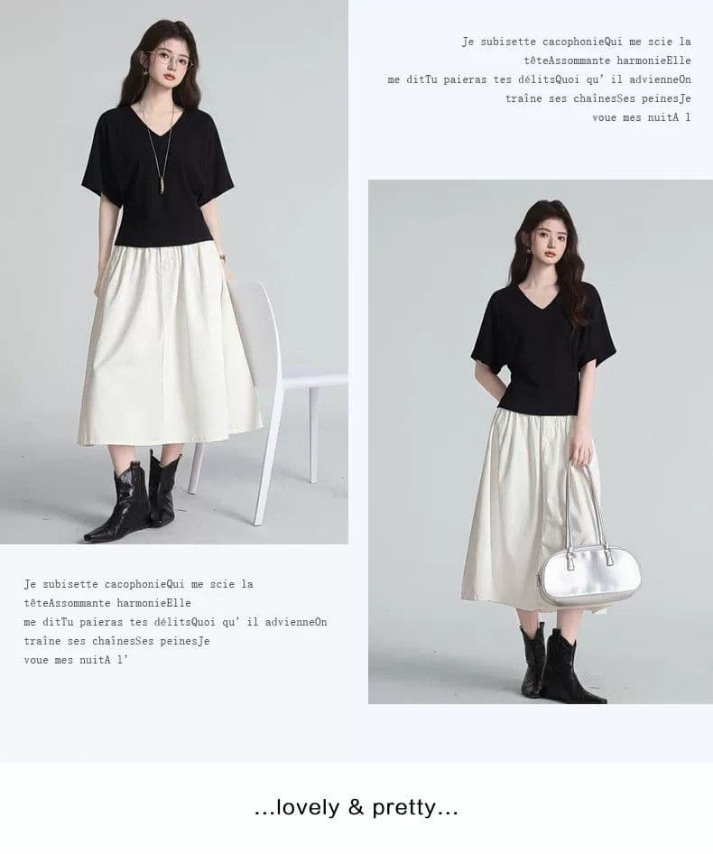 있음 선적 사람들 면 원단 검정색 배트윙 소매 V넥 반팔 티셔츠 여성 여름 몸매 가꾸기 다용도 캐주얼 얇은 스타일 맨위 상세 이미지 9
