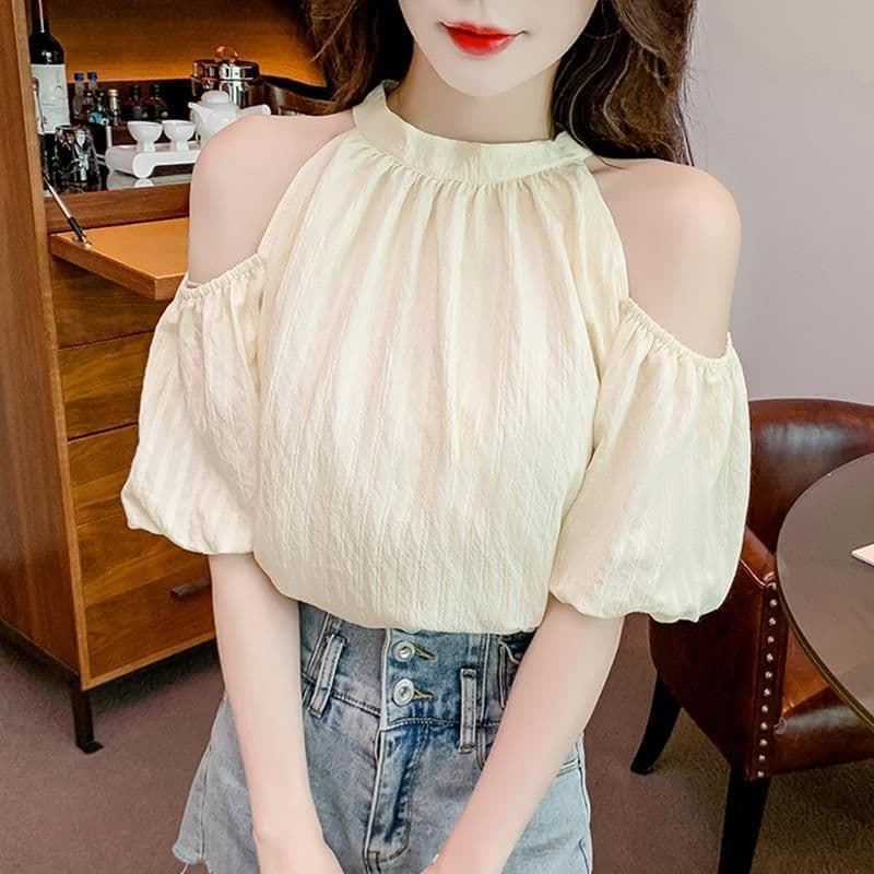 있음 선적 나비 넥타이 오프숄더 시폰 셔츠 여성 여름 달콤함 행침 목 거품 소매 작은 셔츠 루즈핏 맨위