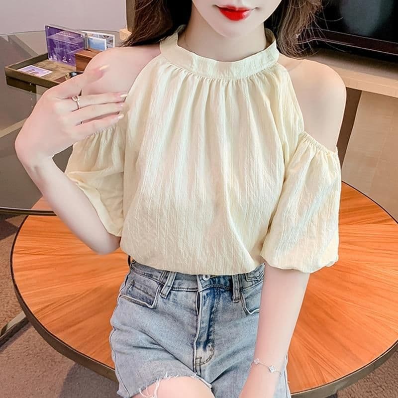 있음 선적 나비 넥타이 오프숄더 시폰 셔츠 여성 여름 달콤함 행침 목 거품 소매 작은 셔츠 루즈핏 맨위 이미지 2