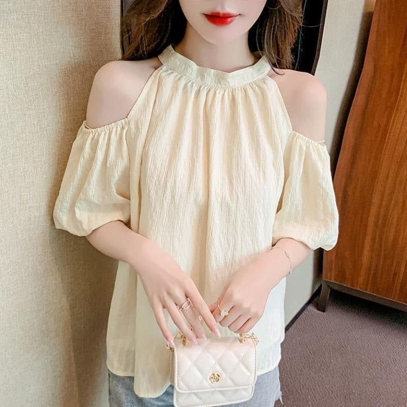 있음 선적 나비 넥타이 오프숄더 시폰 셔츠 여성 여름 달콤함 행침 목 거품 소매 작은 셔츠 루즈핏 맨위 이미지 3