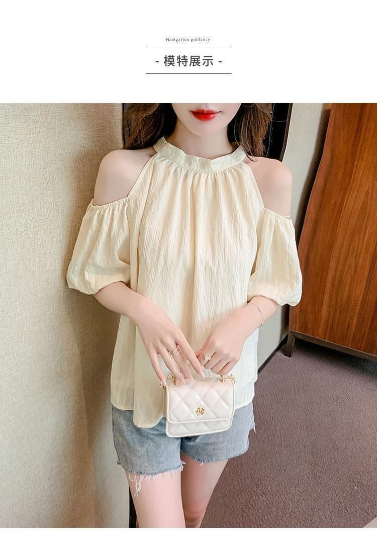 있음 선적 나비 넥타이 오프숄더 시폰 셔츠 여성 여름 달콤함 행침 목 거품 소매 작은 셔츠 루즈핏 맨위 상세 이미지 4