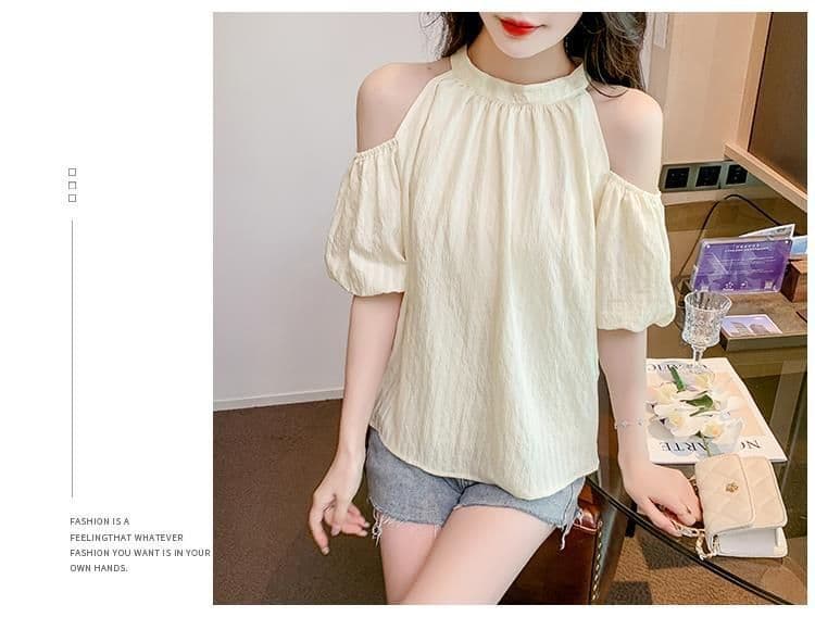 있음 선적 나비 넥타이 오프숄더 시폰 셔츠 여성 여름 달콤함 행침 목 거품 소매 작은 셔츠 루즈핏 맨위 상세 이미지 5