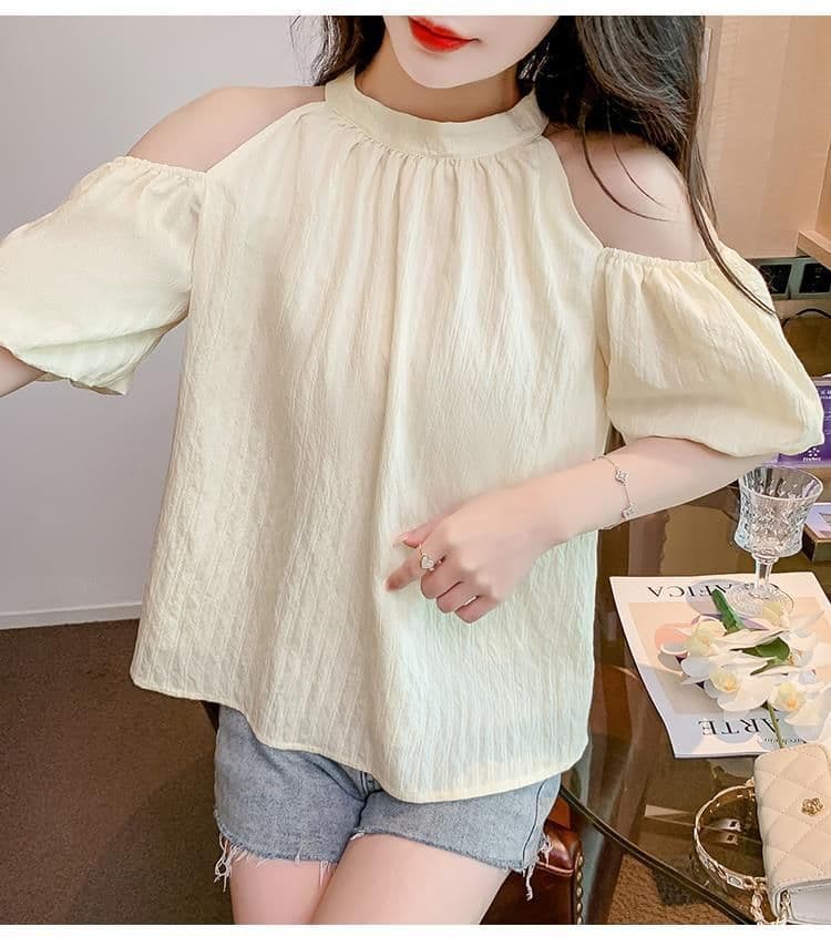있음 선적 나비 넥타이 오프숄더 시폰 셔츠 여성 여름 달콤함 행침 목 거품 소매 작은 셔츠 루즈핏 맨위 상세 이미지 6